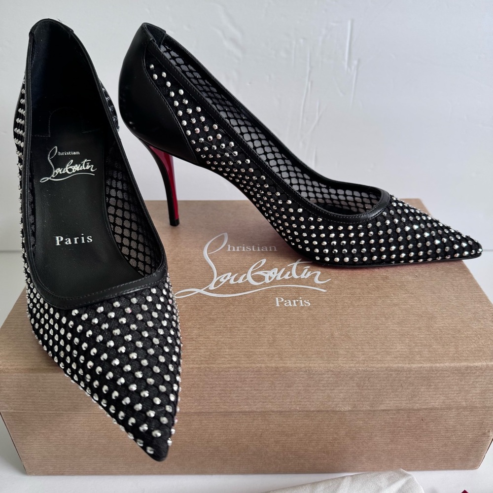 Christian Louboutin Leather Apostrophe Mesh Strass Pumps Size 36 Black Crystals